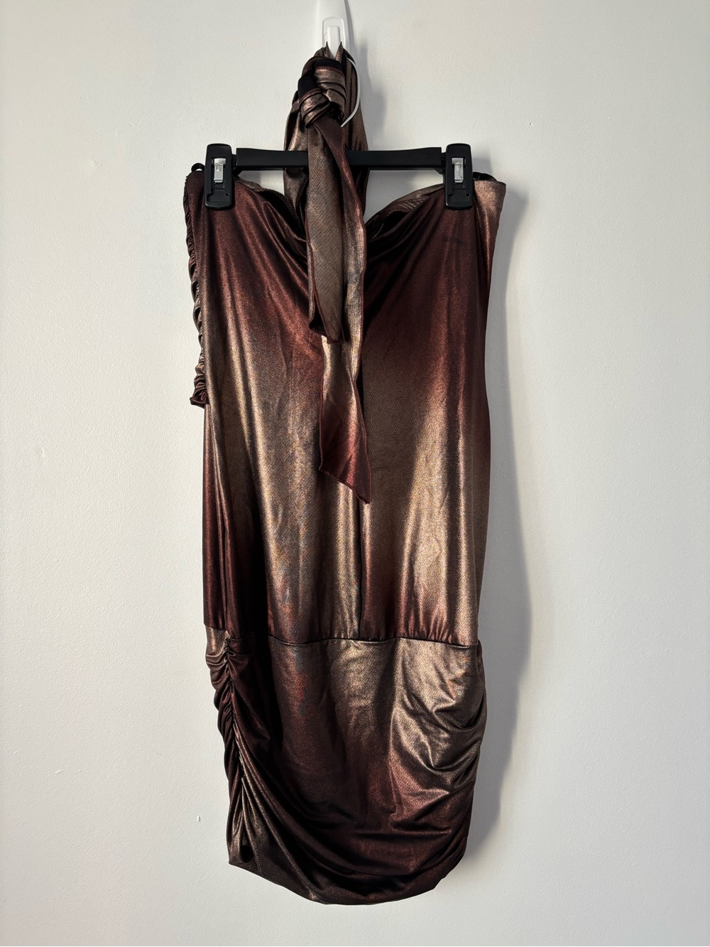 Entry Bronze Metallic Halter Mini Dress with Ring Detail Ruched Bodycon Size S - Picture 3 of 4